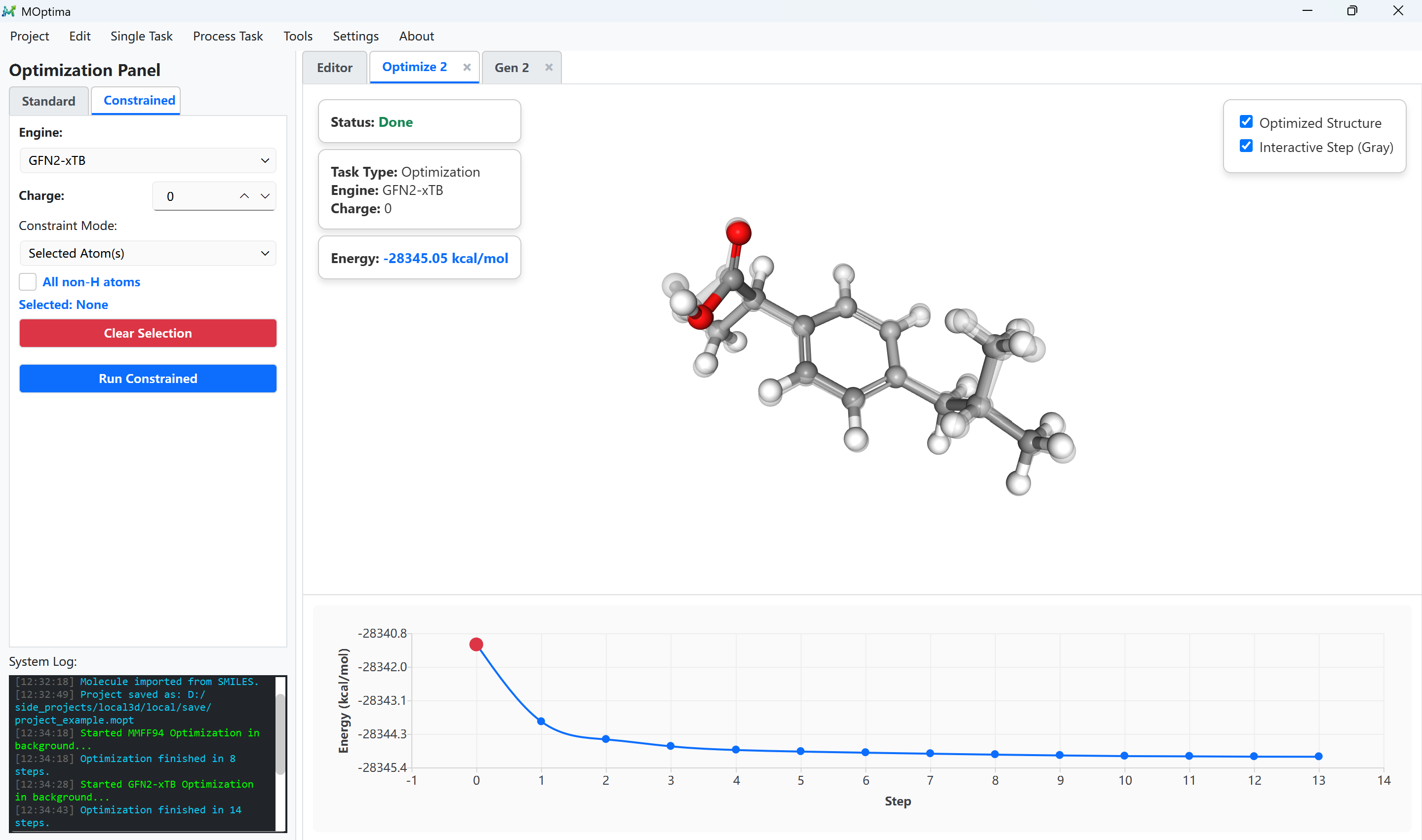 The MOptima main window is organized around menus, a workflow sidebar, the 3D viewer, and task or result tabs.